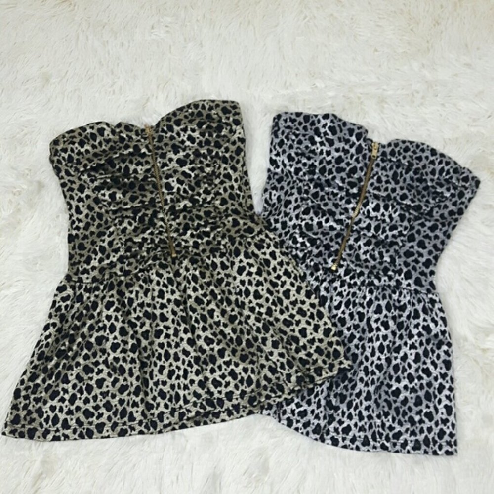 Leopard Sweetheart Strapless Peplum Gold Silver Black Animal Print‎ Tops